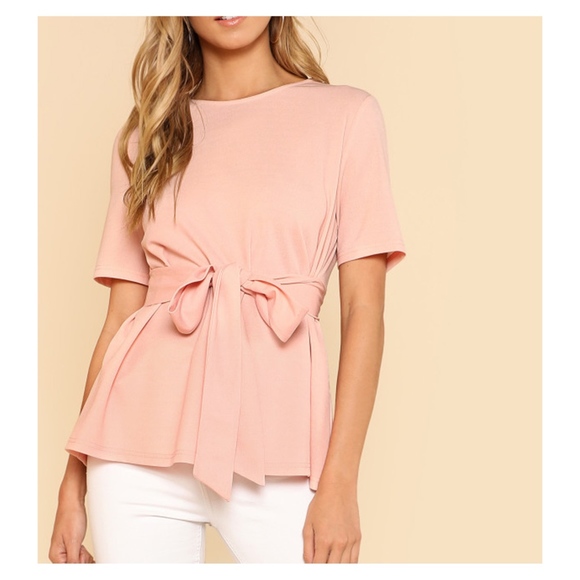 MBM Unlimited Tops - Blush Pink Short Sleeve Self Tie Blouse